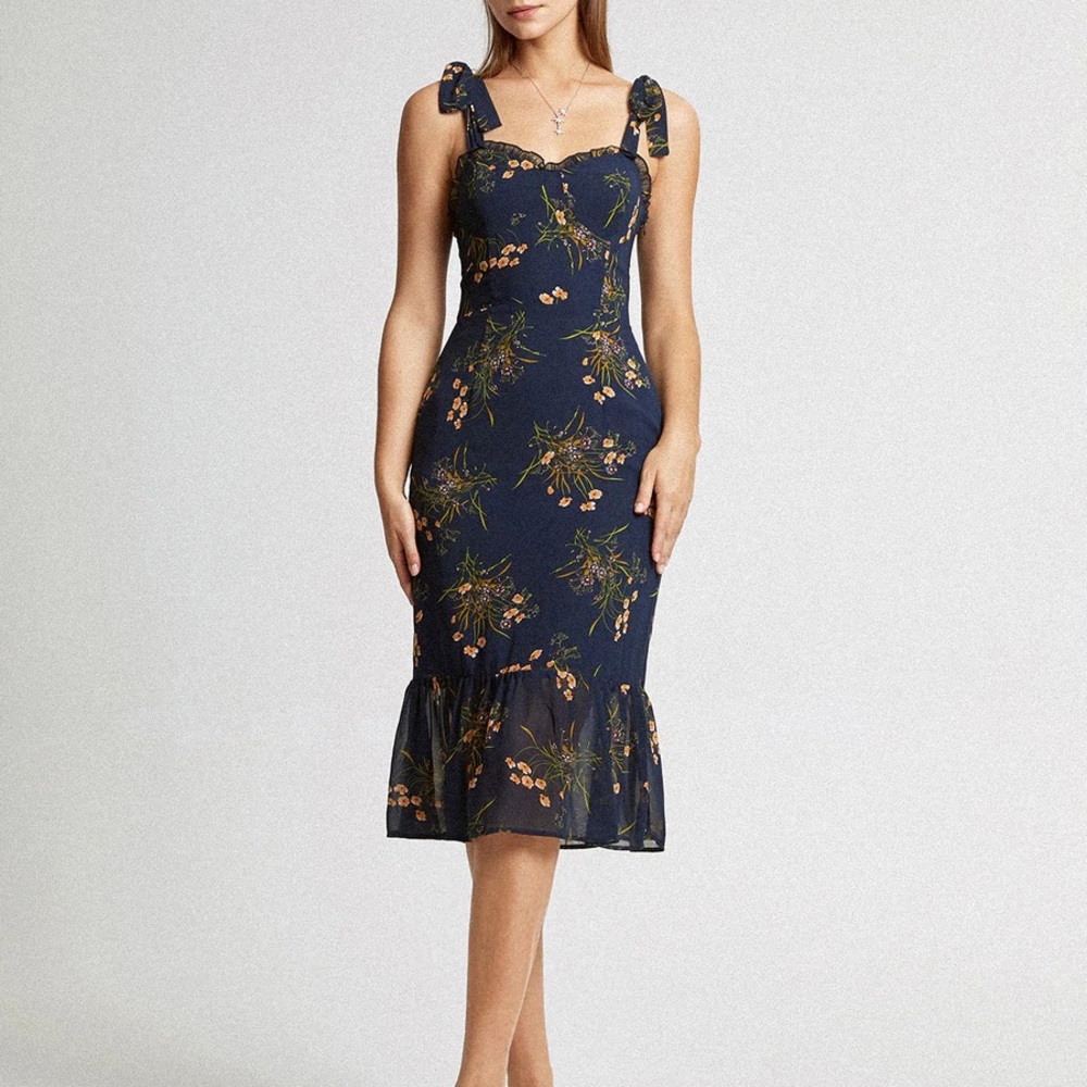 NWT The Commense Sweetheart Dark Floral Peplum Midi Tie Strap Dress